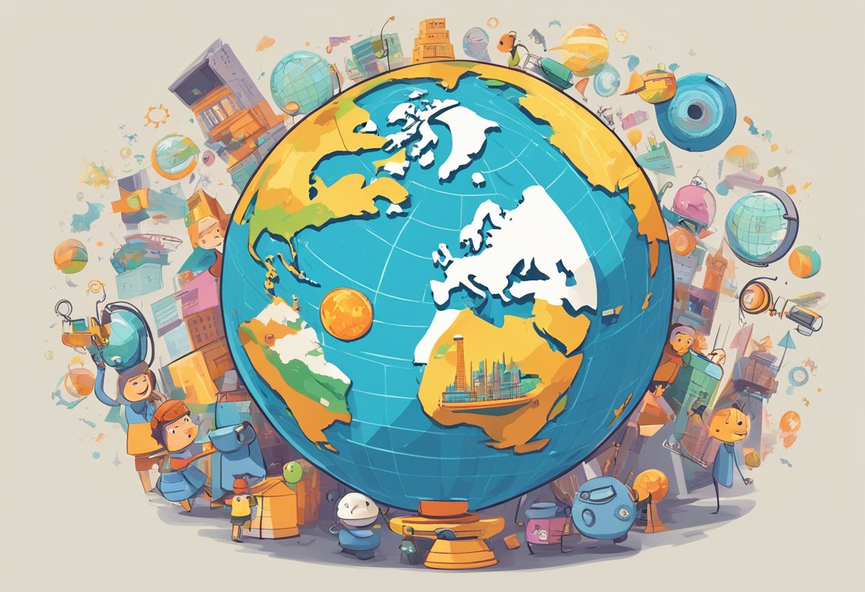 A colorful globe surrounded by animated characters and symbols, representing the impact of animation on the global market