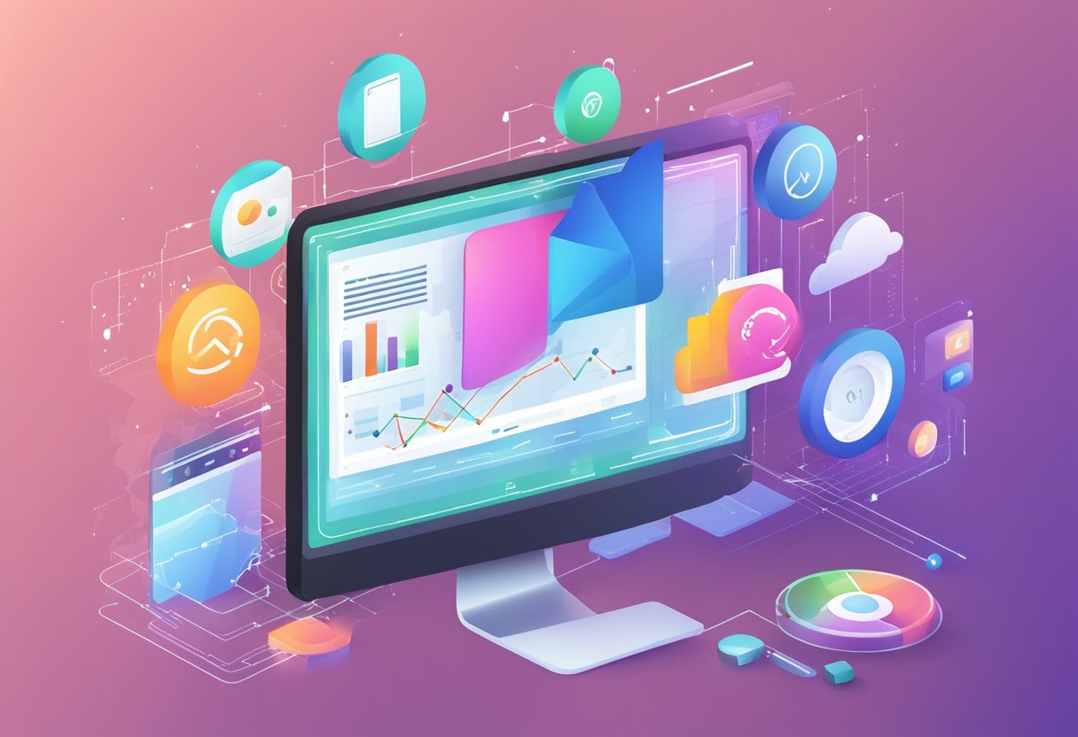 A computer screen with a graph showing an upward trend, surrounded by various digital marketing icons and symbols