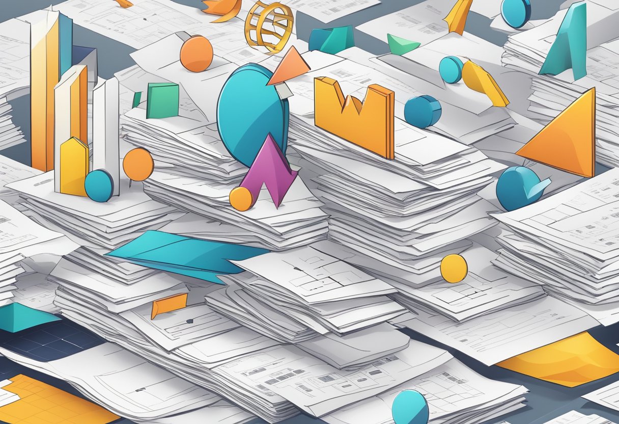 A stack of papers with charts and graphs, surrounded by question marks and exclamation points