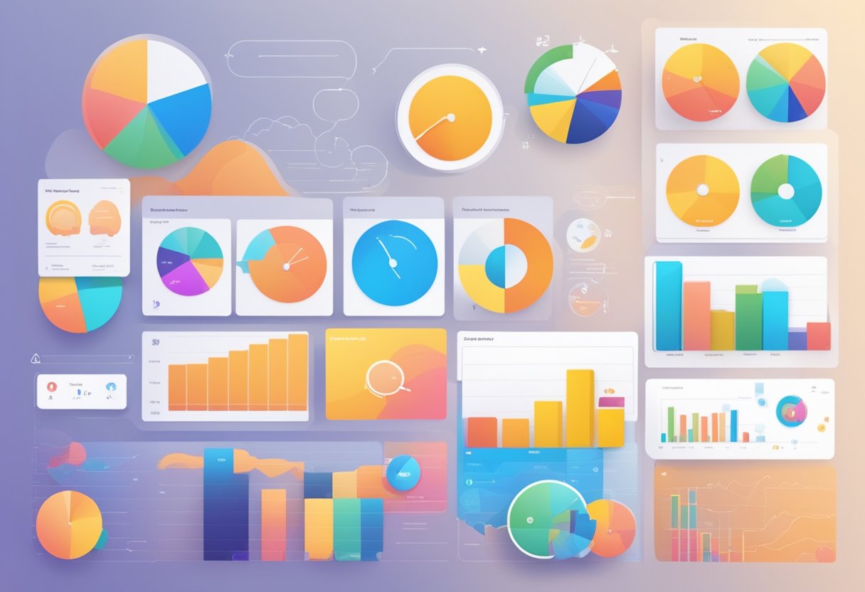 A series of colorful graphs and charts representing audience engagement data, with various metrics and indicators displayed