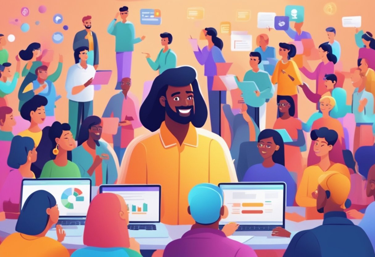 A colorful animated character interacts with a diverse audience, capturing their attention and generating data through engagement with the marketing content