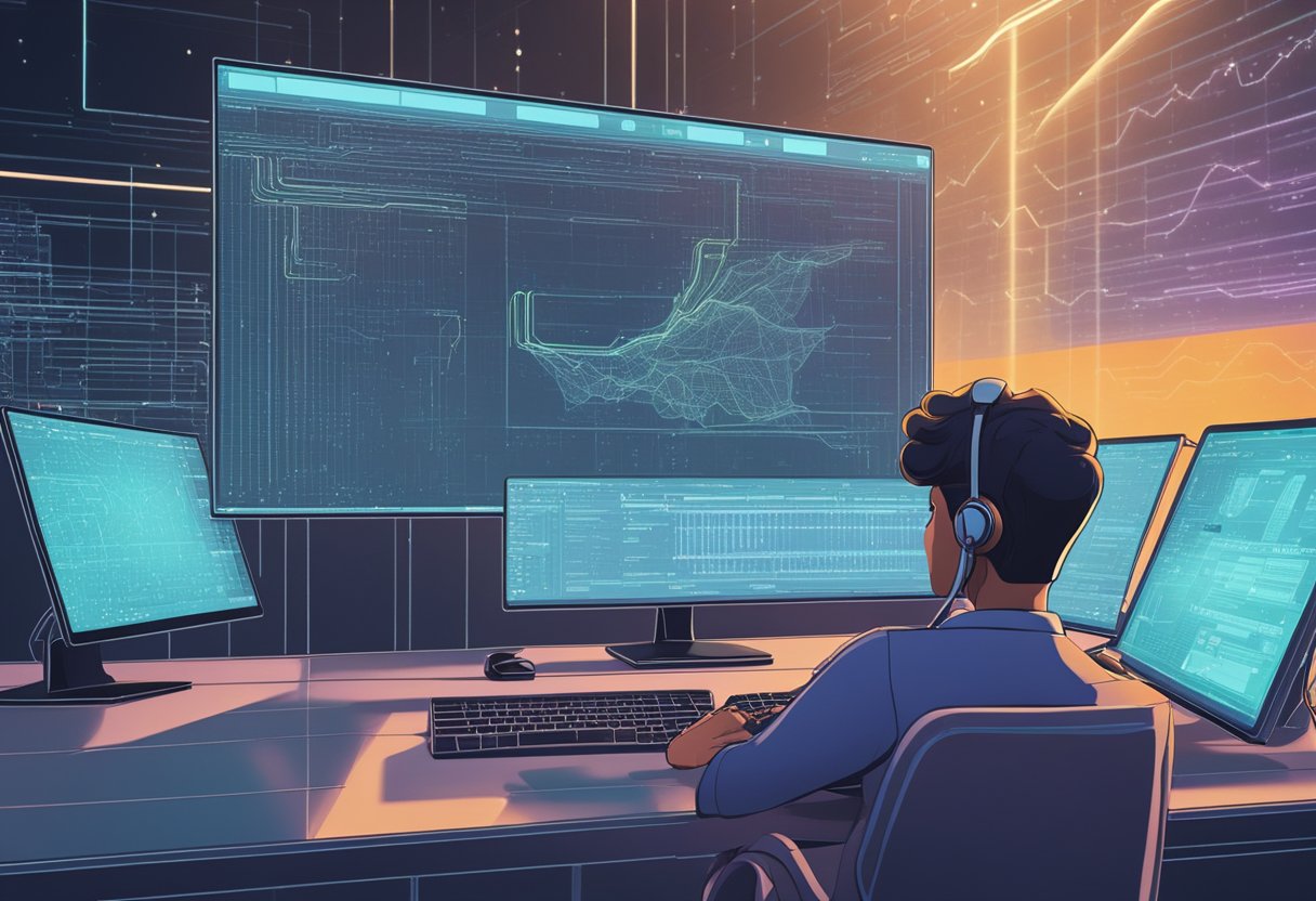 A computer-generated character interacts with a screen displaying lines of code, while other AI-generated characters act out a scene in an animated world