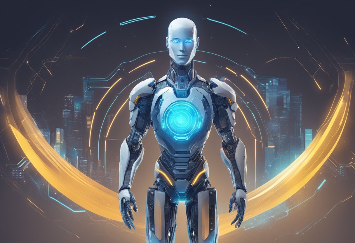An AI character stands in front of a digital interface, its features morphing and evolving as it undergoes development