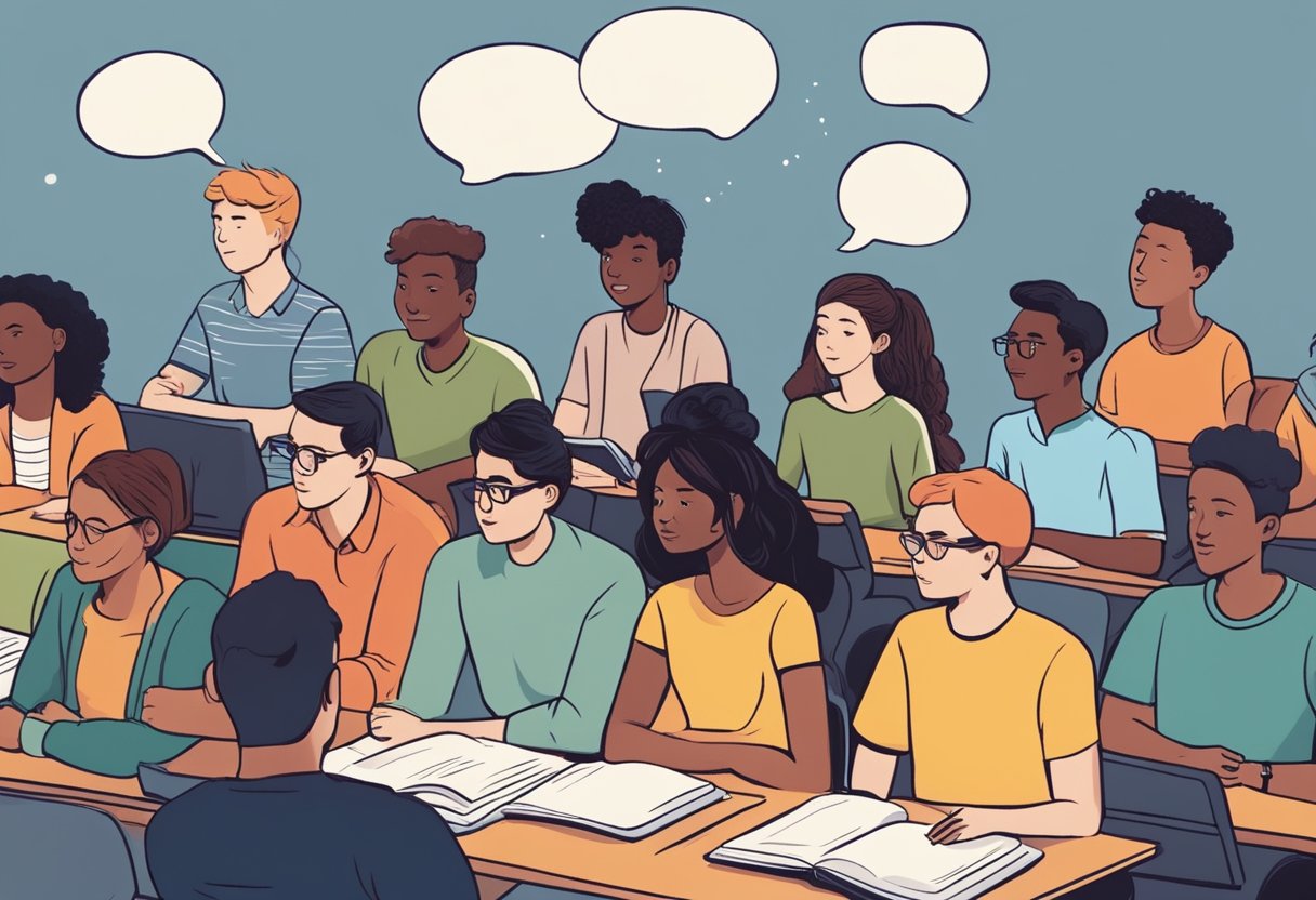 A diverse group of students watching animated videos on various subjects, engaged and attentive, with thought bubbles showing new knowledge being absorbed