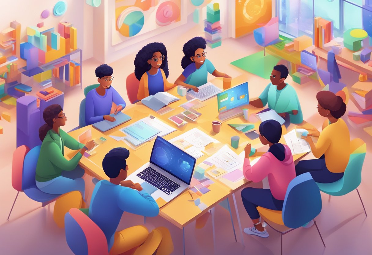 A group of animated characters engage in various learning activities, surrounded by colorful visuals and dynamic motion