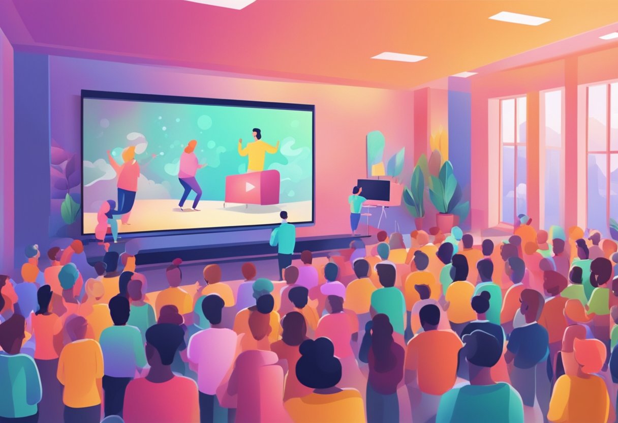 A colorful animated video playing on a large screen, surrounded by enthusiastic viewers