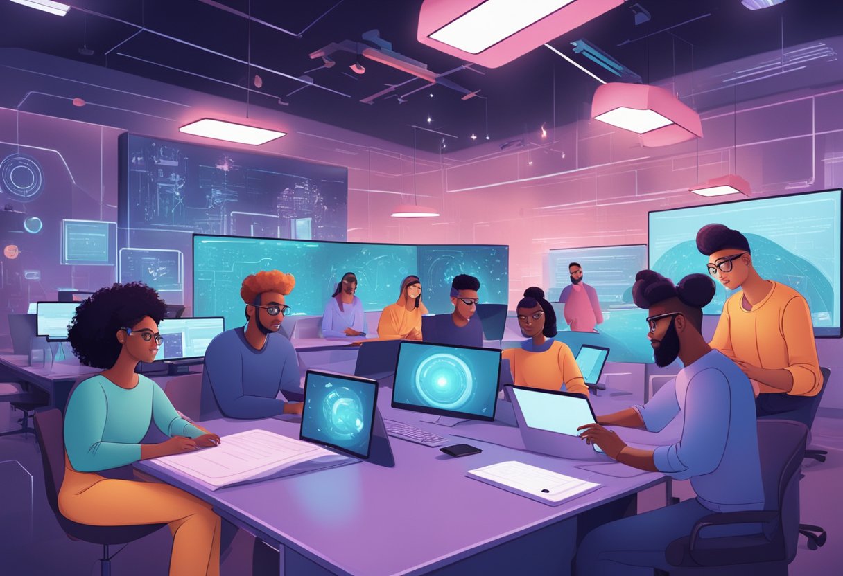 A futuristic AI-powered animation studio with a team of diverse creatives collaborating on a project, surrounded by legal and ethical guidelines