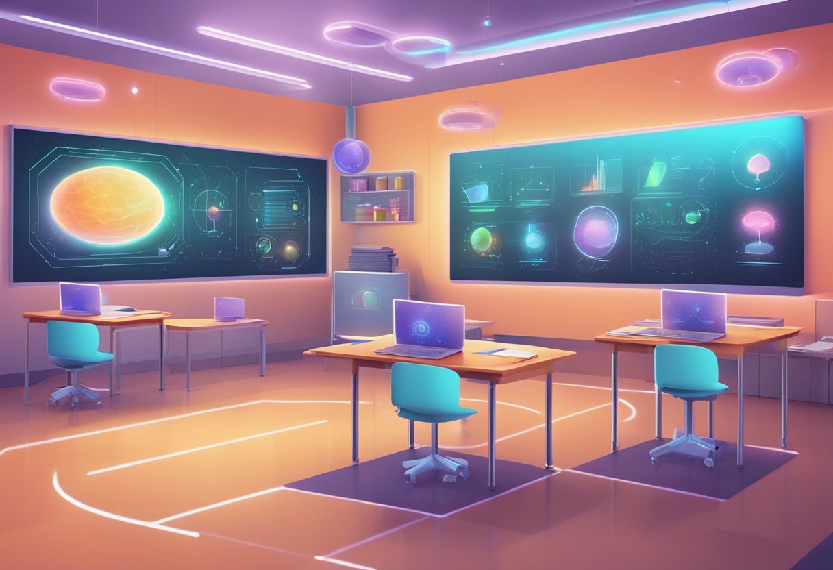 A futuristic classroom with holographic animated videos teaching various subjects