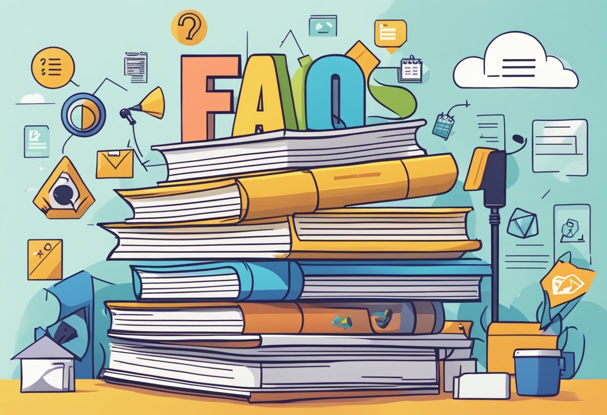 A stack of paper with "FAQs" on top, surrounded by animated video symbols and educational icons