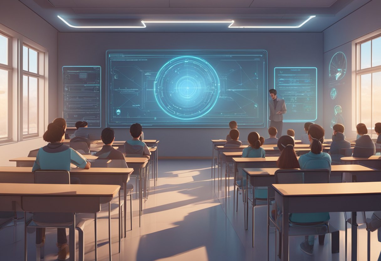 A futuristic classroom with holographic AI projections teaching historical context through educational animation