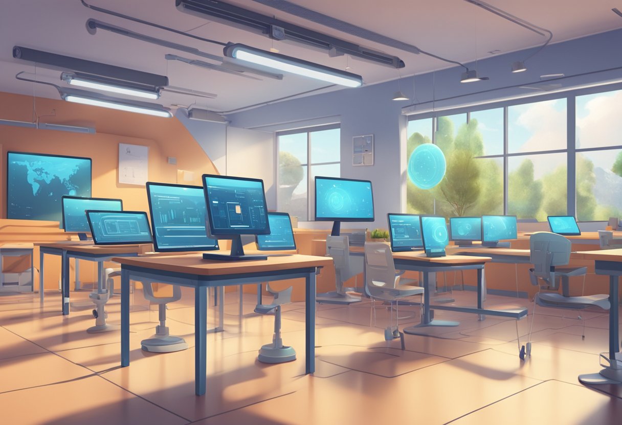 A futuristic classroom with AI-powered animation tools and digital devices