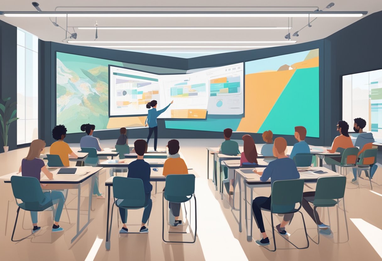 A futuristic classroom with AI-generated animations projected on a large screen, surrounded by students engaged in the creative process