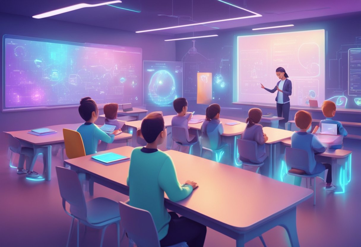 A futuristic classroom with AI-powered holographic characters demonstrating educational concepts through advanced animation