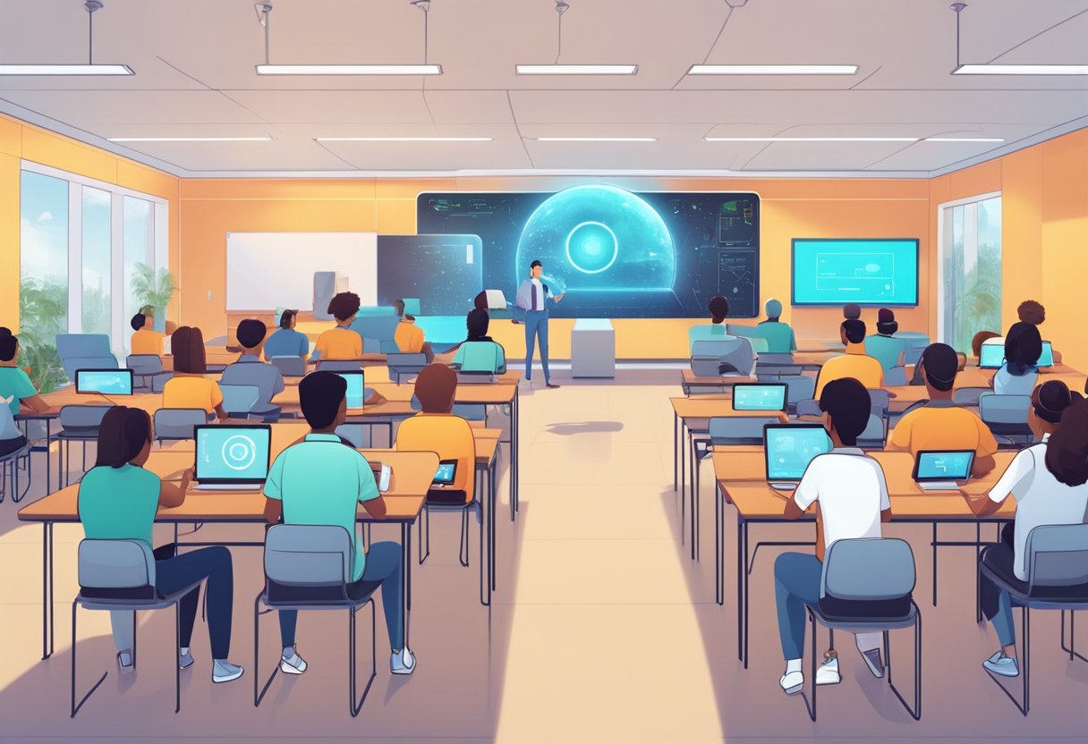 A futuristic classroom with AI-powered animated characters teaching students in a virtual environment