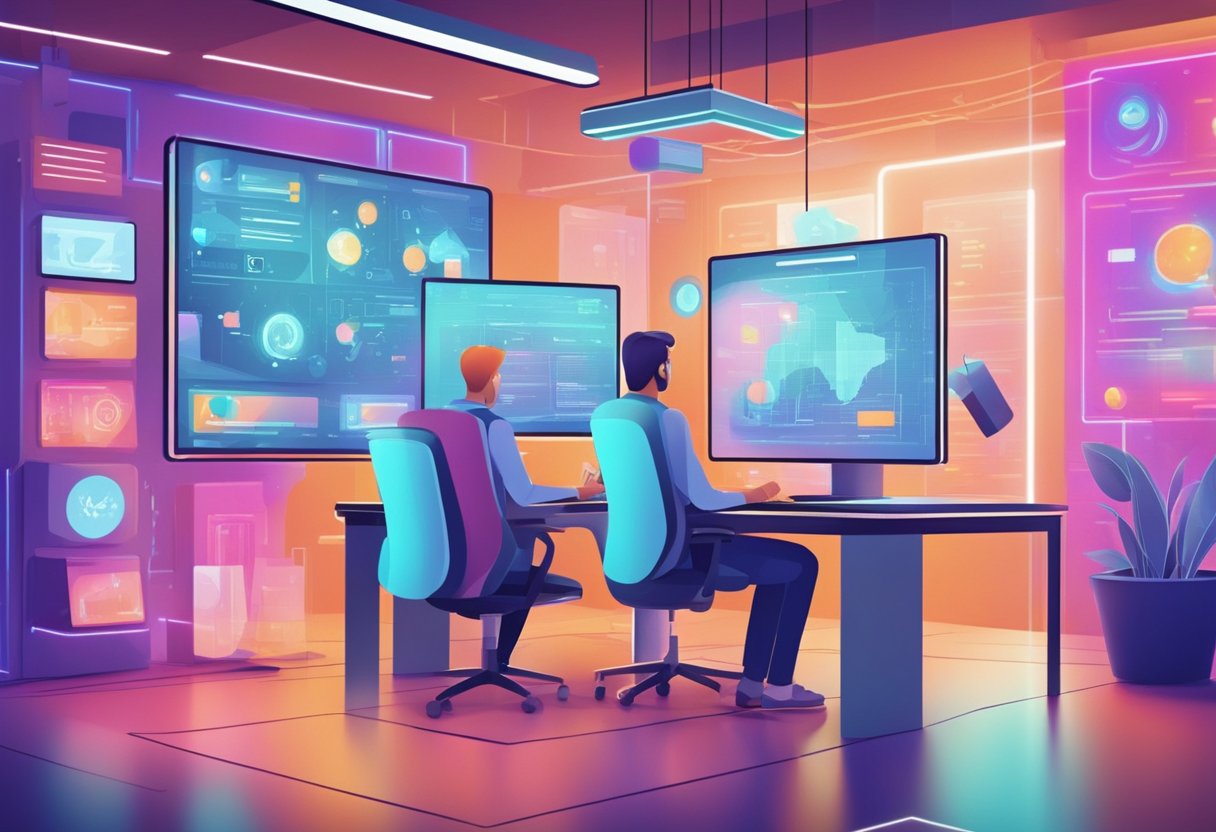 An AI-driven interactive animation showcasing various marketing and advertising applications in a futuristic digital environment