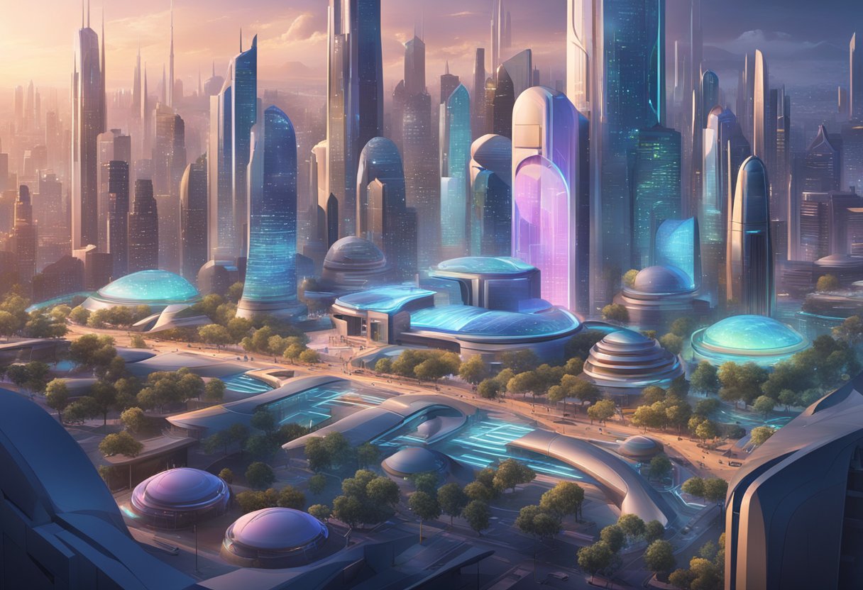 A futuristic cityscape with AI-powered educational animations displayed on large screens