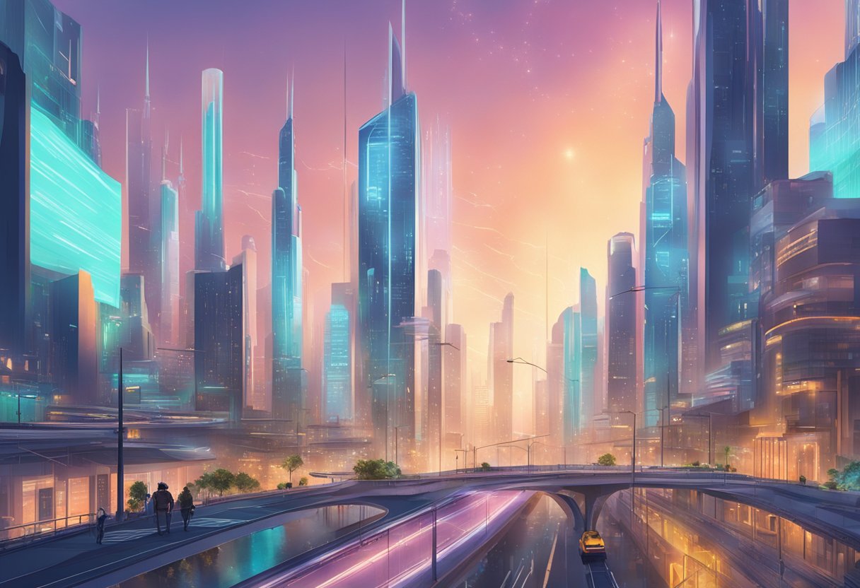 A futuristic cityscape with AI-driven interactive animations blending seamlessly into everyday life