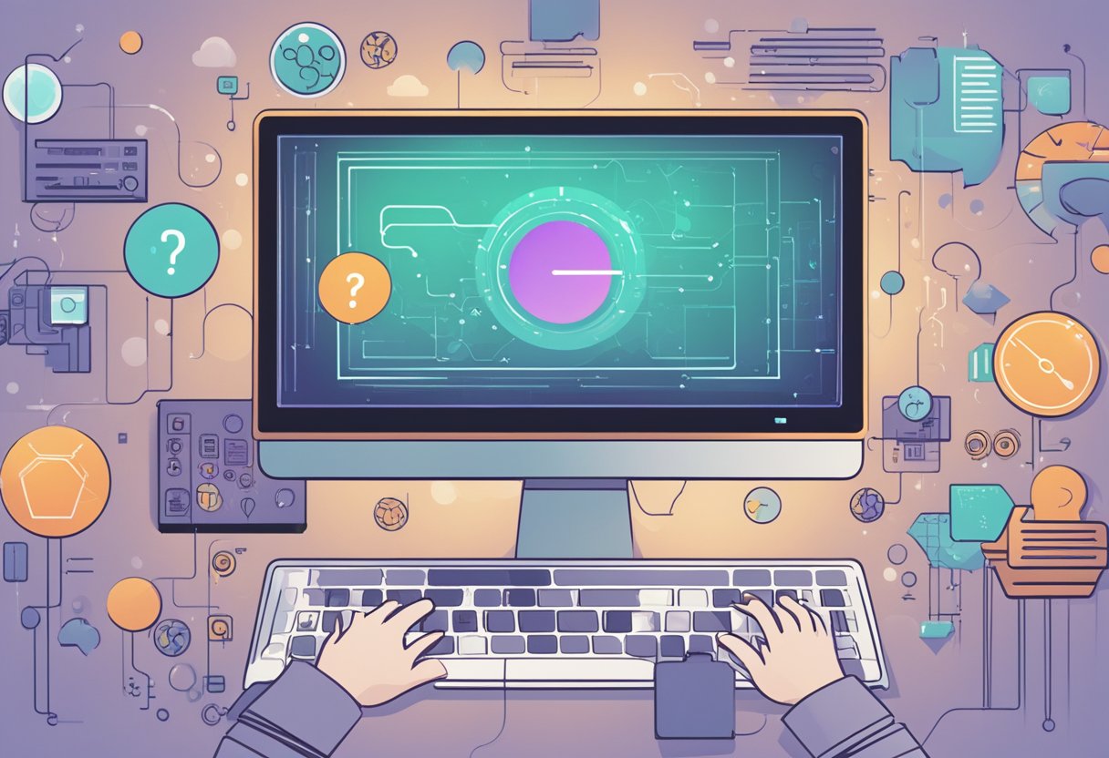 An AI-powered computer generating interactive animations, surrounded by question marks and a sense of curiosity