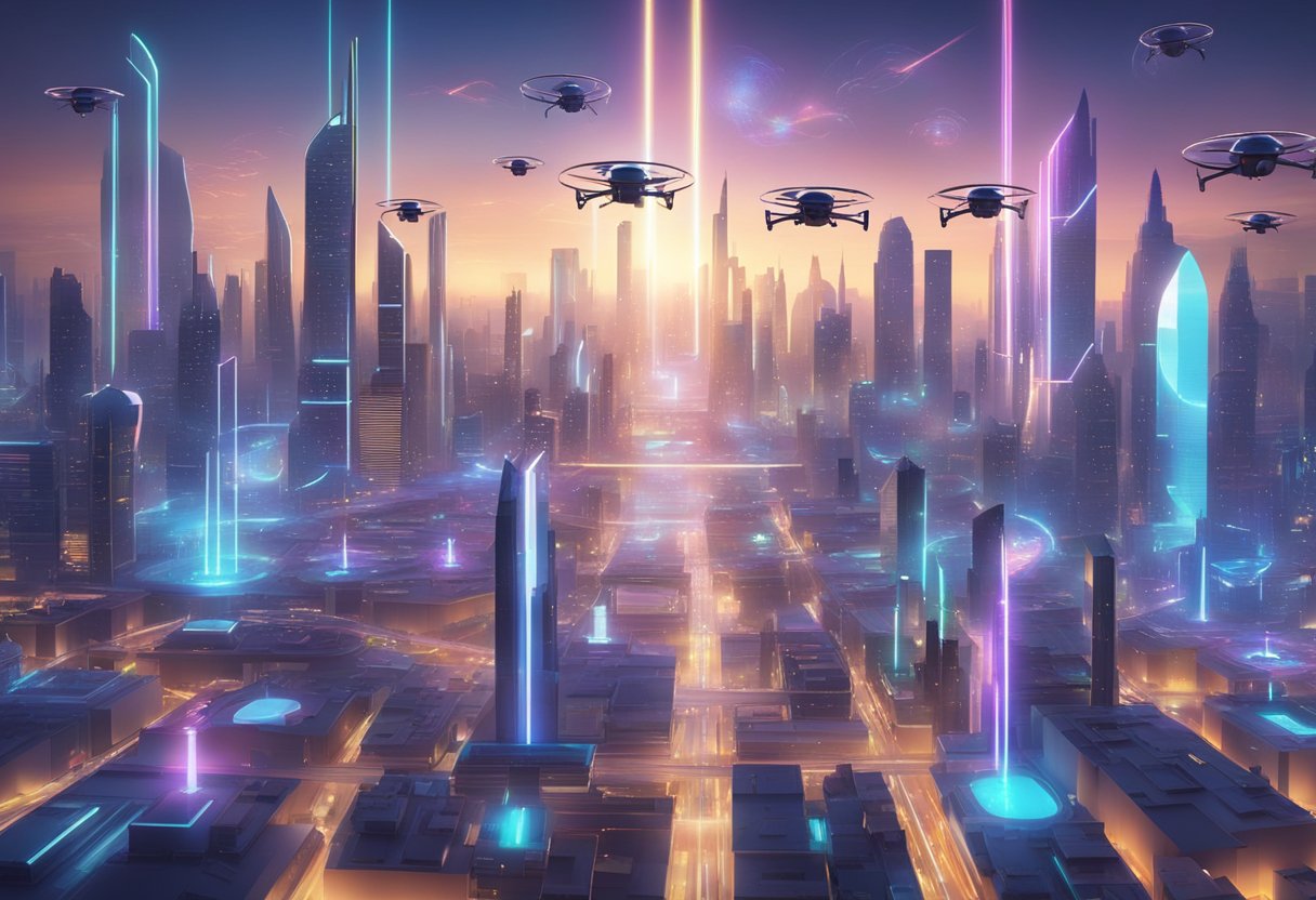 A futuristic city skyline with AI-driven drones creating animated holographic displays