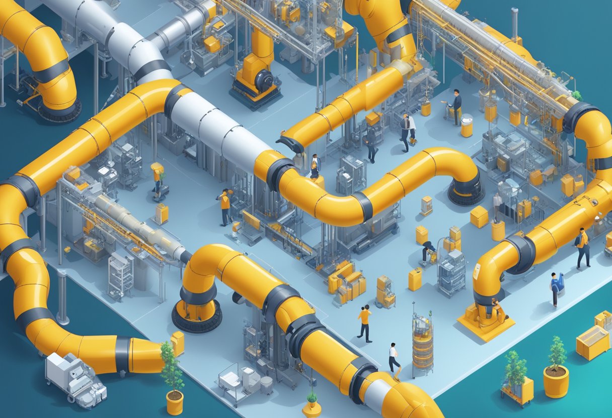 A bustling production pipeline of AI-generated animations, with data flowing through interconnected systems and robotic arms assembling digital assets
