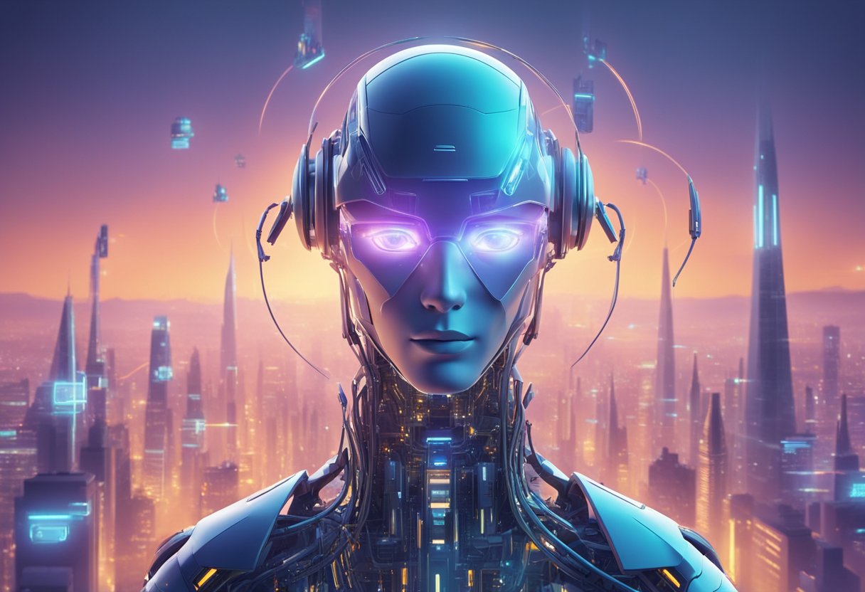 A futuristic AI creating animated scenes using advanced technology and algorithms