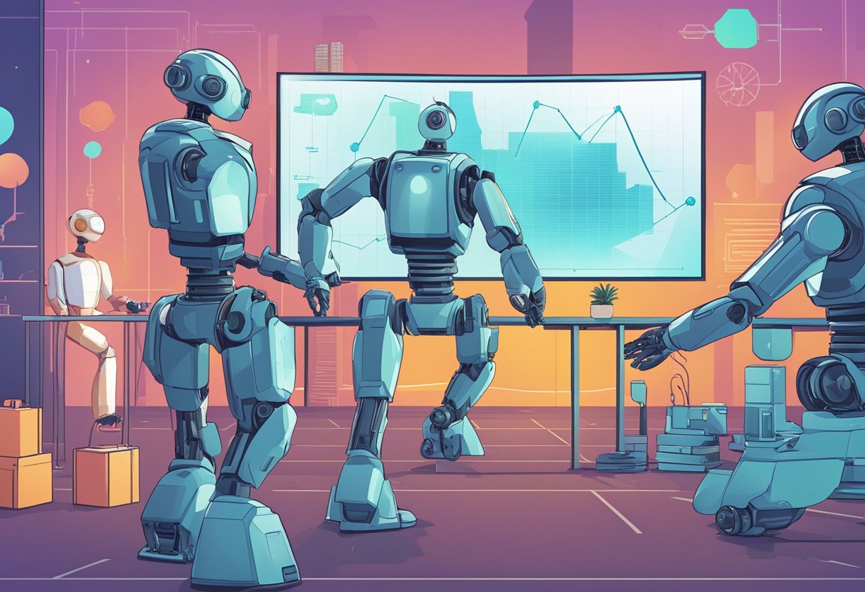 A group of AI-powered robots analyze and react to animated trends on a large screen