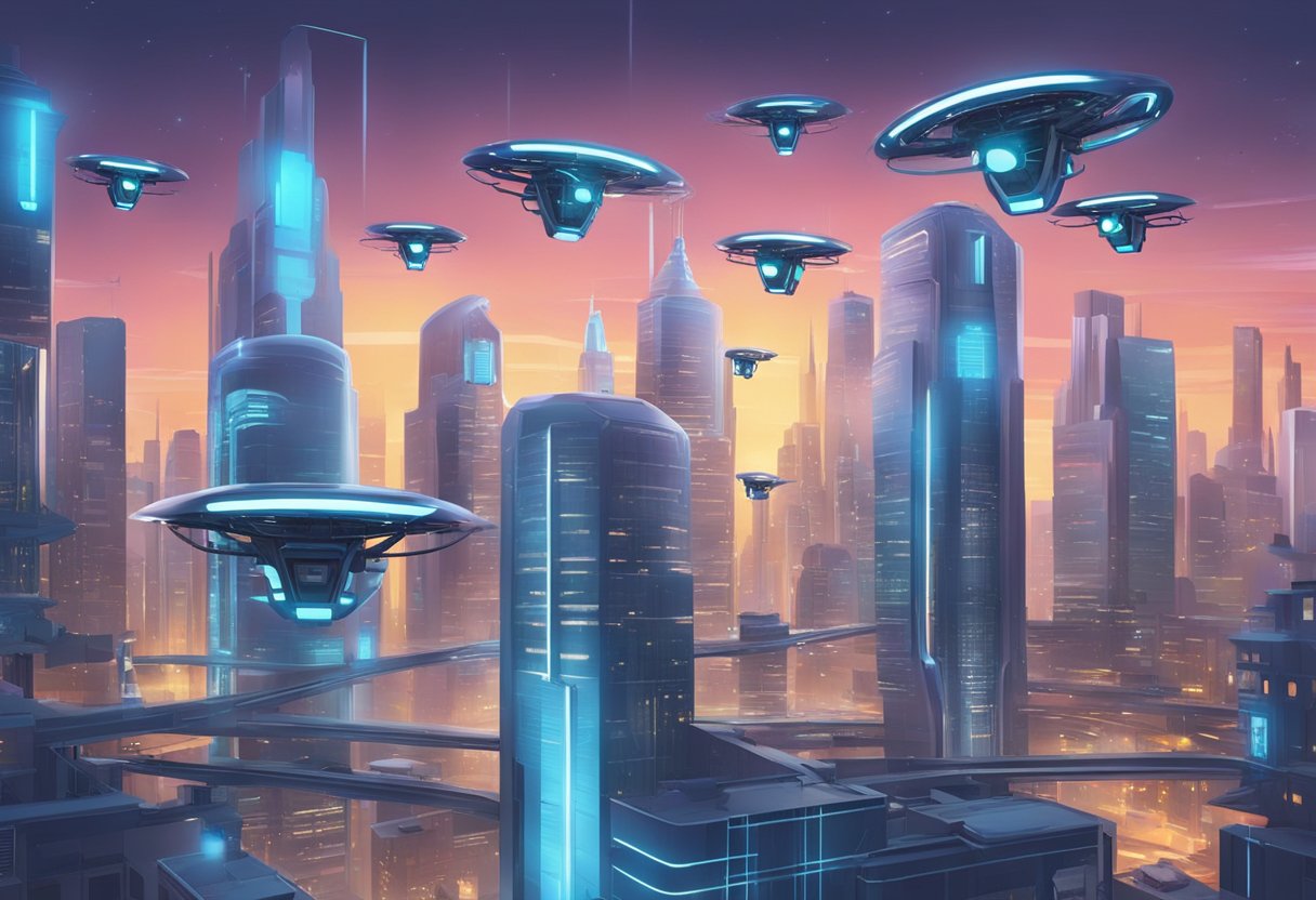 A futuristic cityscape with AI-powered drones and robots working together to create animated content