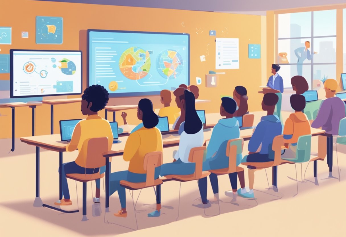 A classroom filled with animated characters interacting with AI-powered educational animations, demonstrating the impact of machine learning and NLP in education