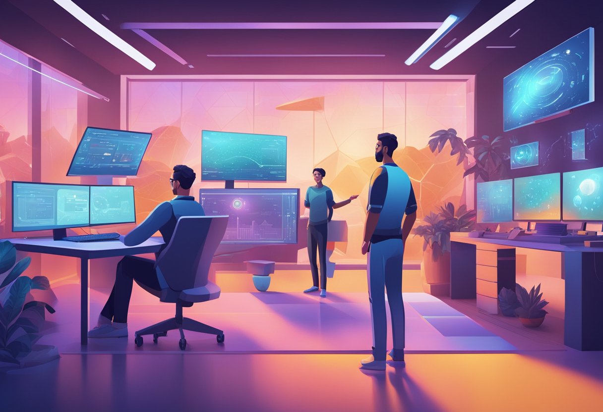 A futuristic AI animation studio with advanced technology and diverse team members collaborating on ethical challenges and predictions
