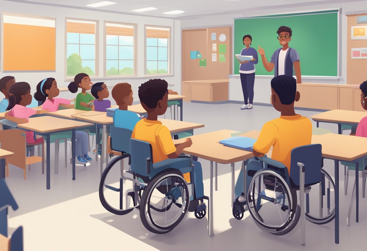 An animated AI character interacts with diverse learners in a wheelchair-accessible classroom, using educational animations to teach and engage