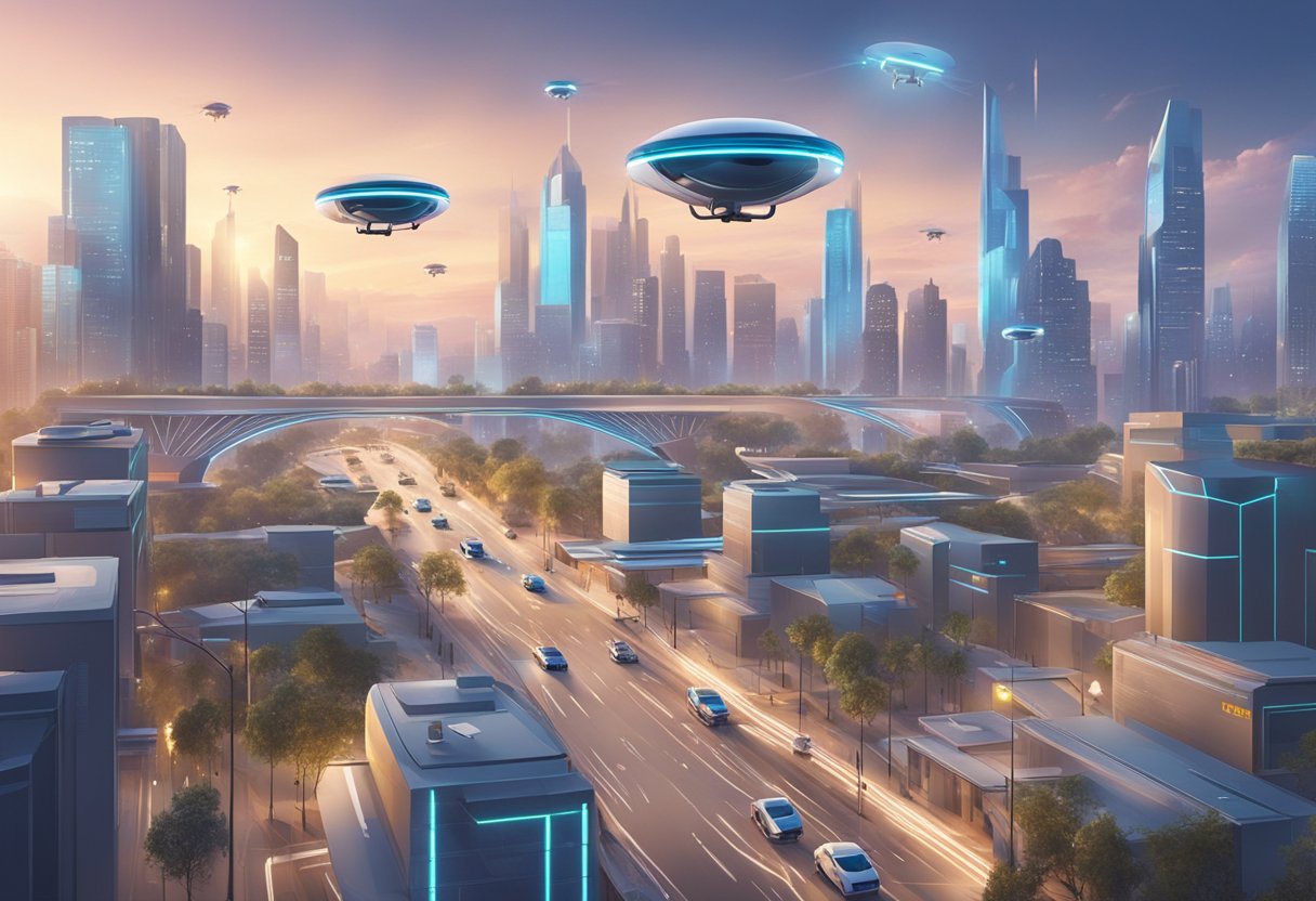 A futuristic cityscape with AI-powered drones delivering packages and self-driving cars navigating the streets
