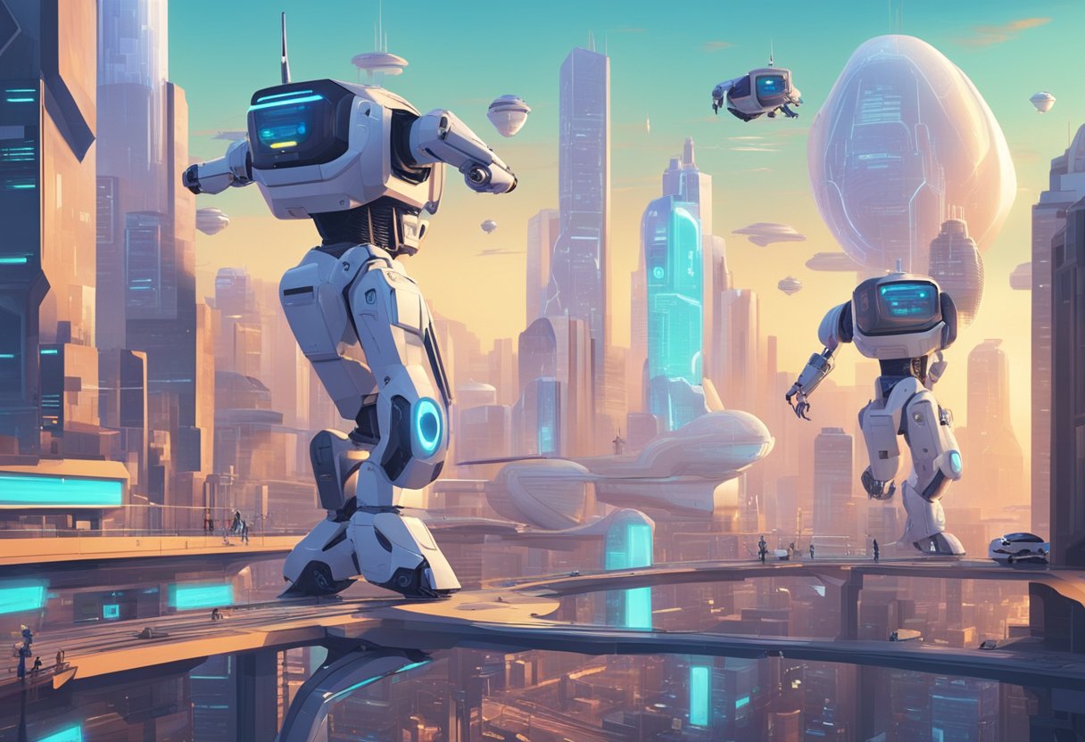 A futuristic cityscape with AI-powered robots creating animated scenes