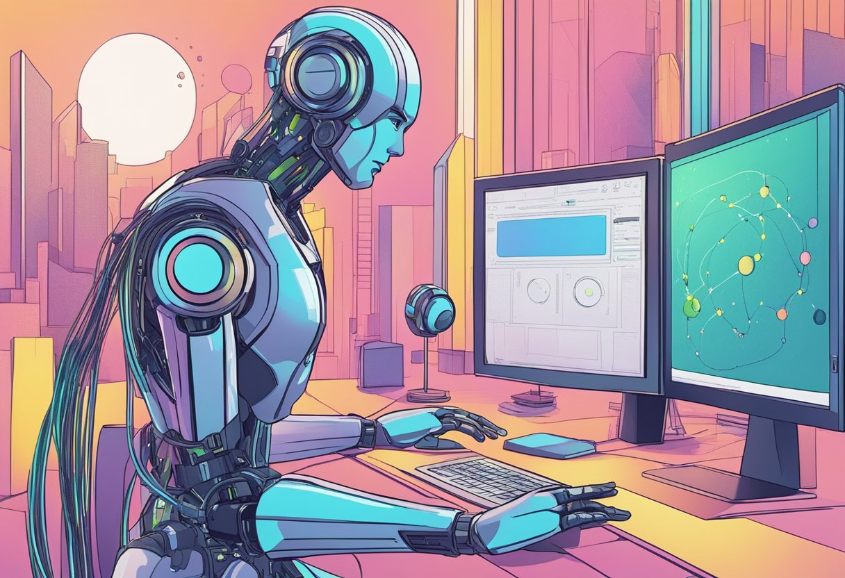 A futuristic AI machine learning system enhancing the creative process through animated visualizations