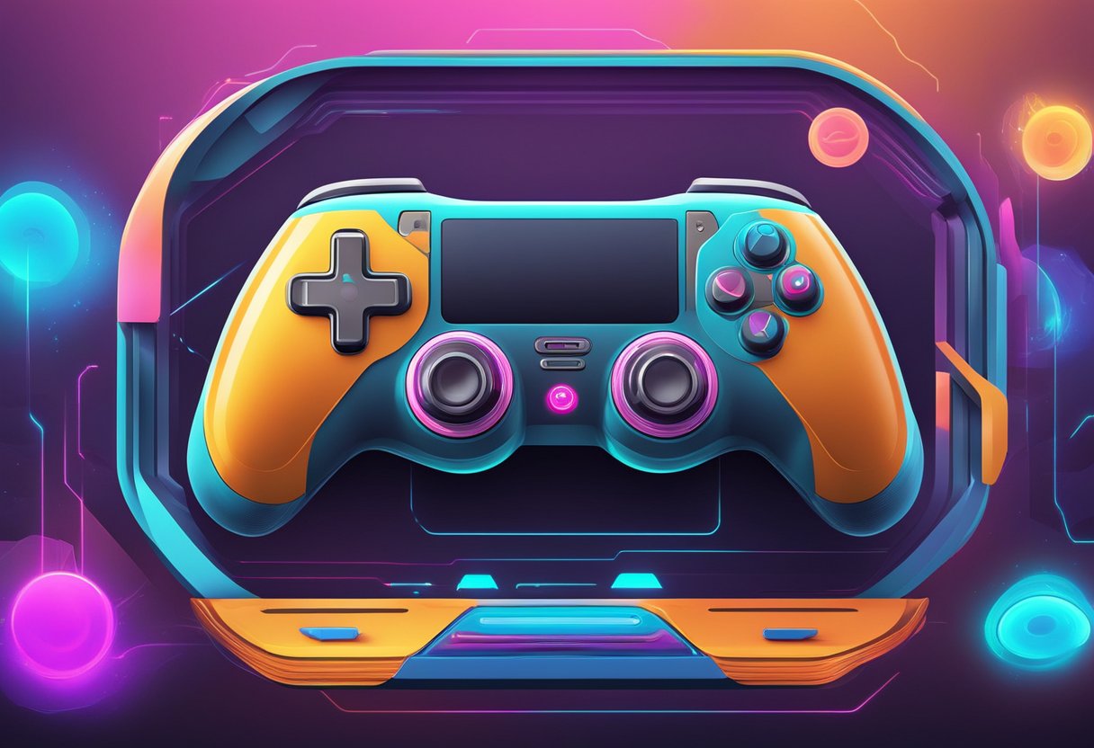 A futuristic gaming console merges with a sleek, animated interface, surrounded by swirling digital elements and vibrant colors