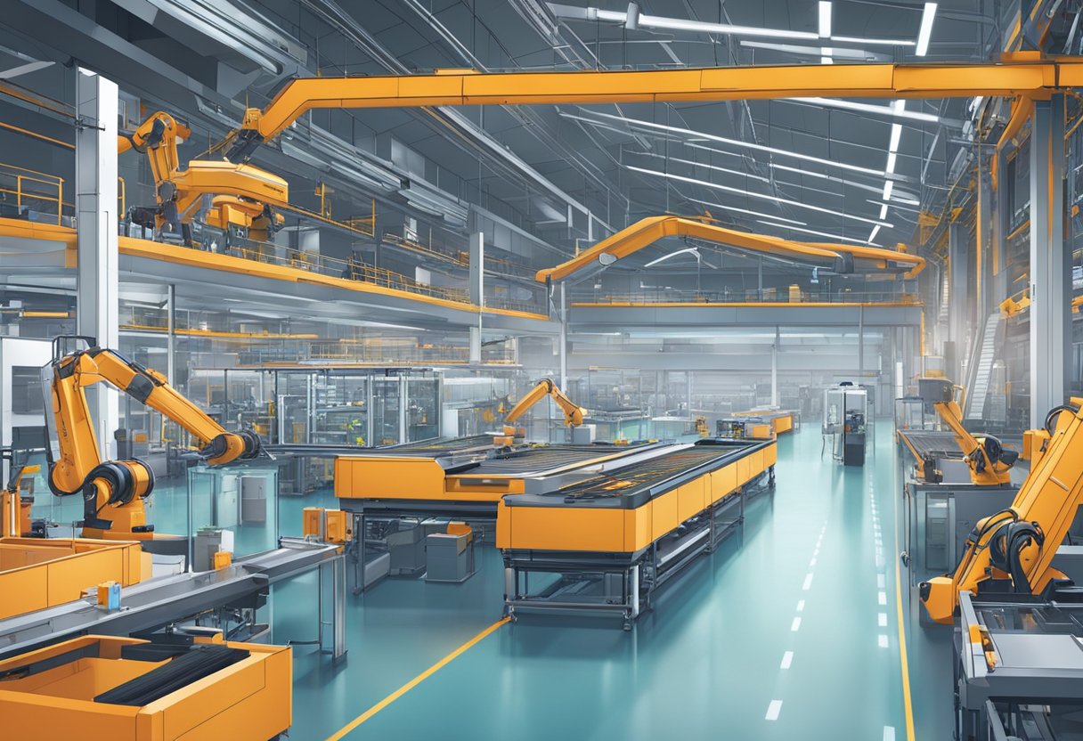 A futuristic factory floor with AI-powered machines inspecting and sorting products with precision and efficiency