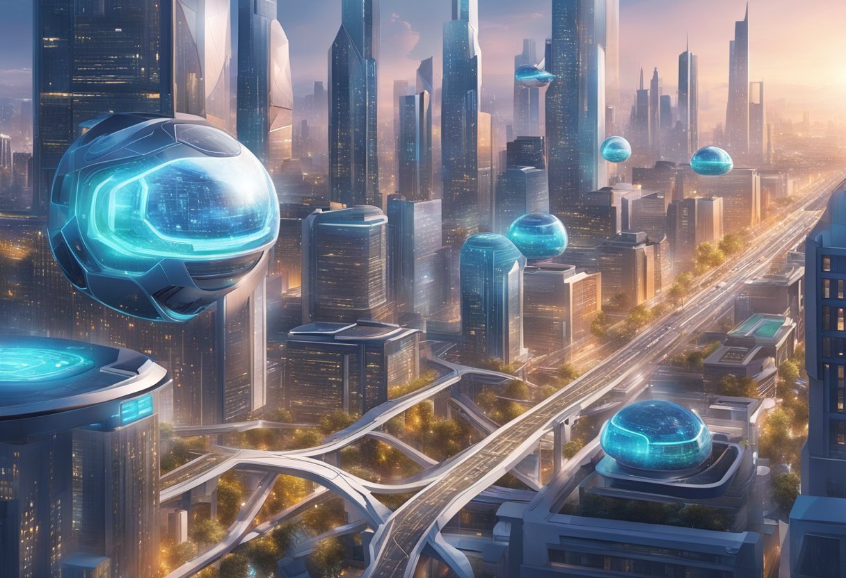 A futuristic cityscape with interconnected AI systems and robotic entities, showcasing the integration of machine learning into everyday life