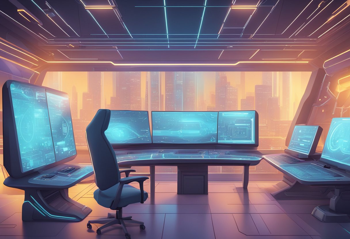 A futuristic animation studio with advanced technology and interactive interfaces