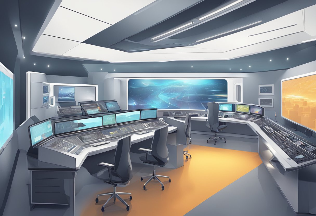 A futuristic, sleek animation studio with advanced technology and interactive displays