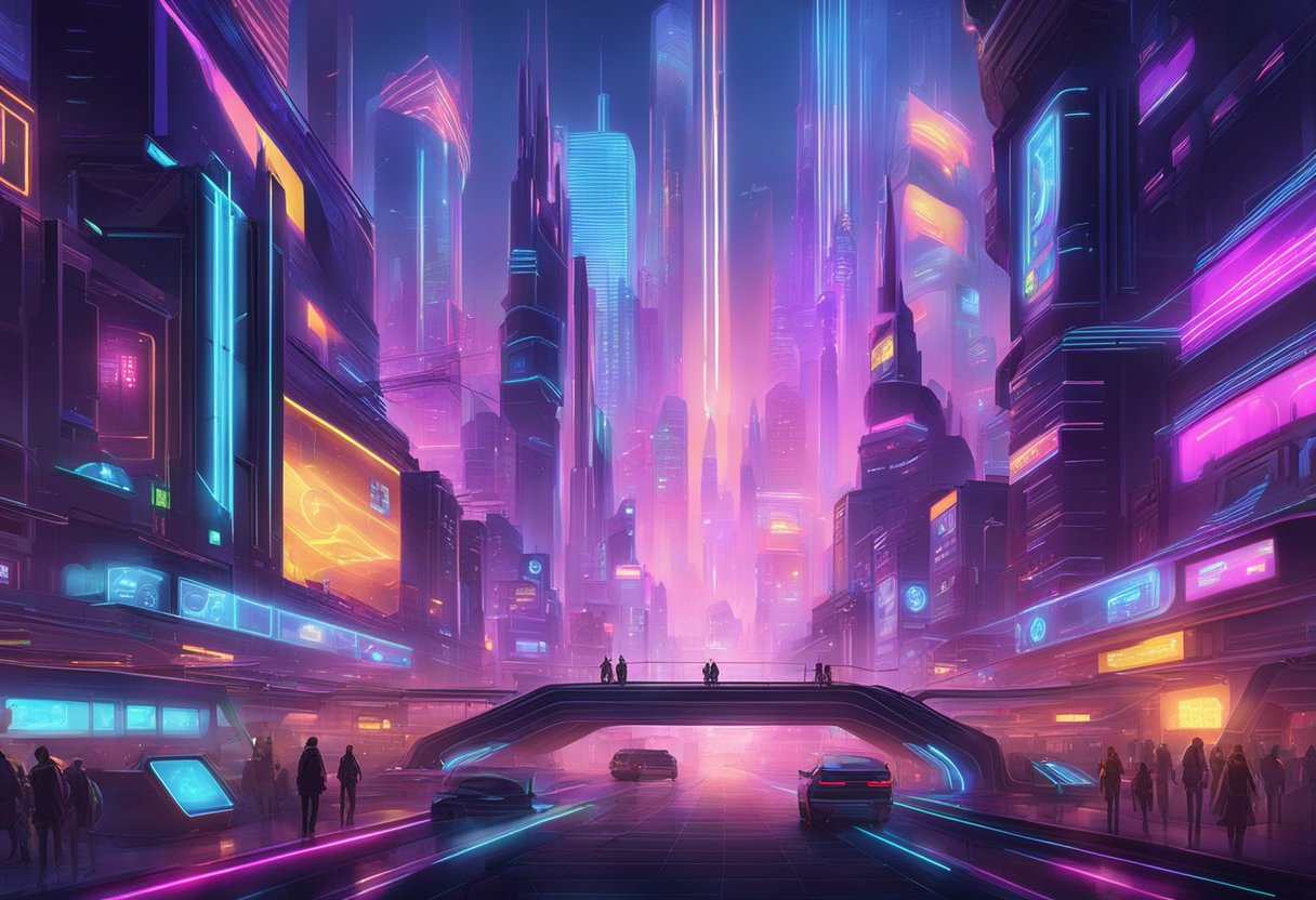 A colorful, futuristic cityscape with neon lights and holographic displays showcasing advanced gaming graphics