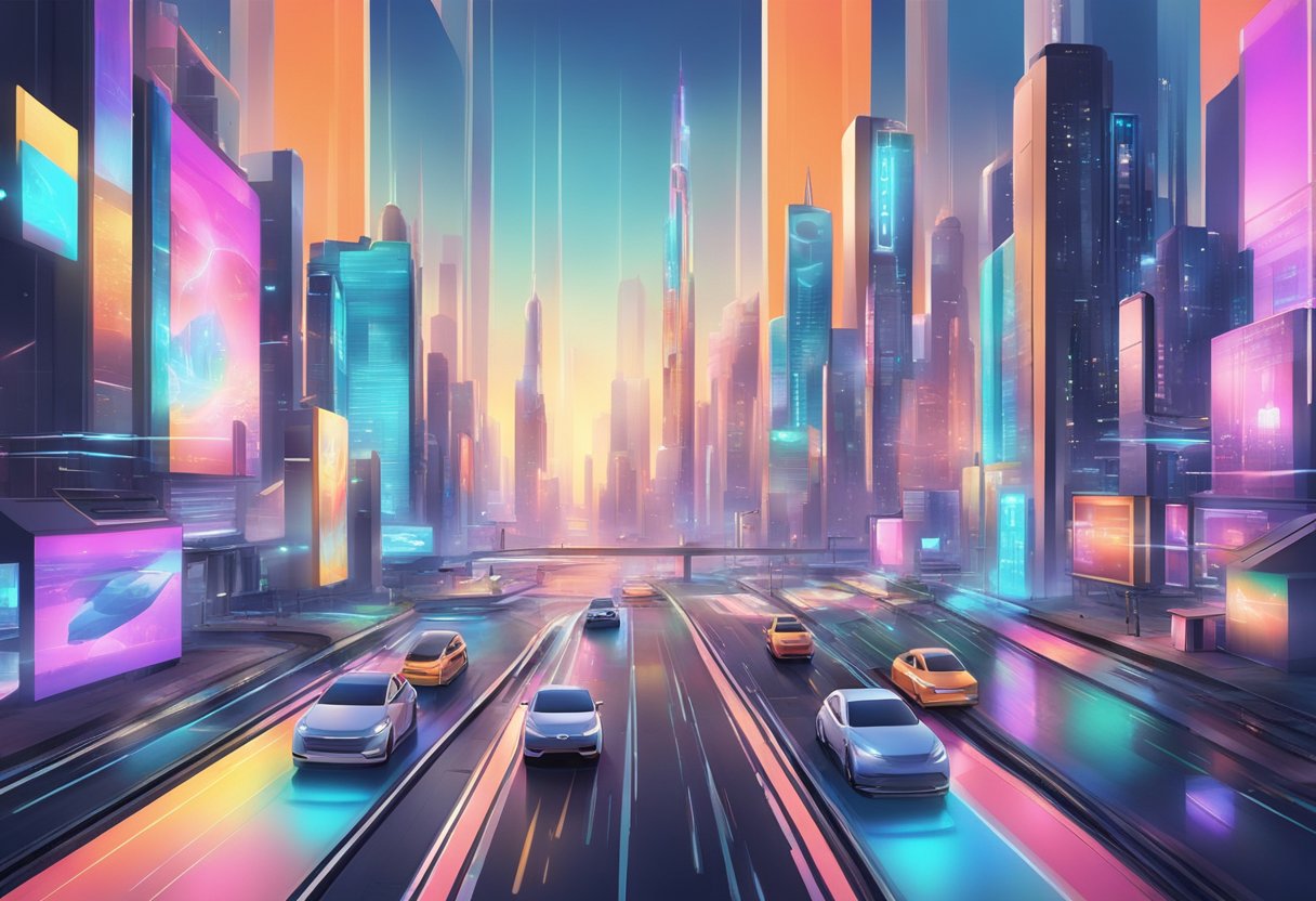 A futuristic cityscape with animated billboards and holographic projections showcasing various products and services