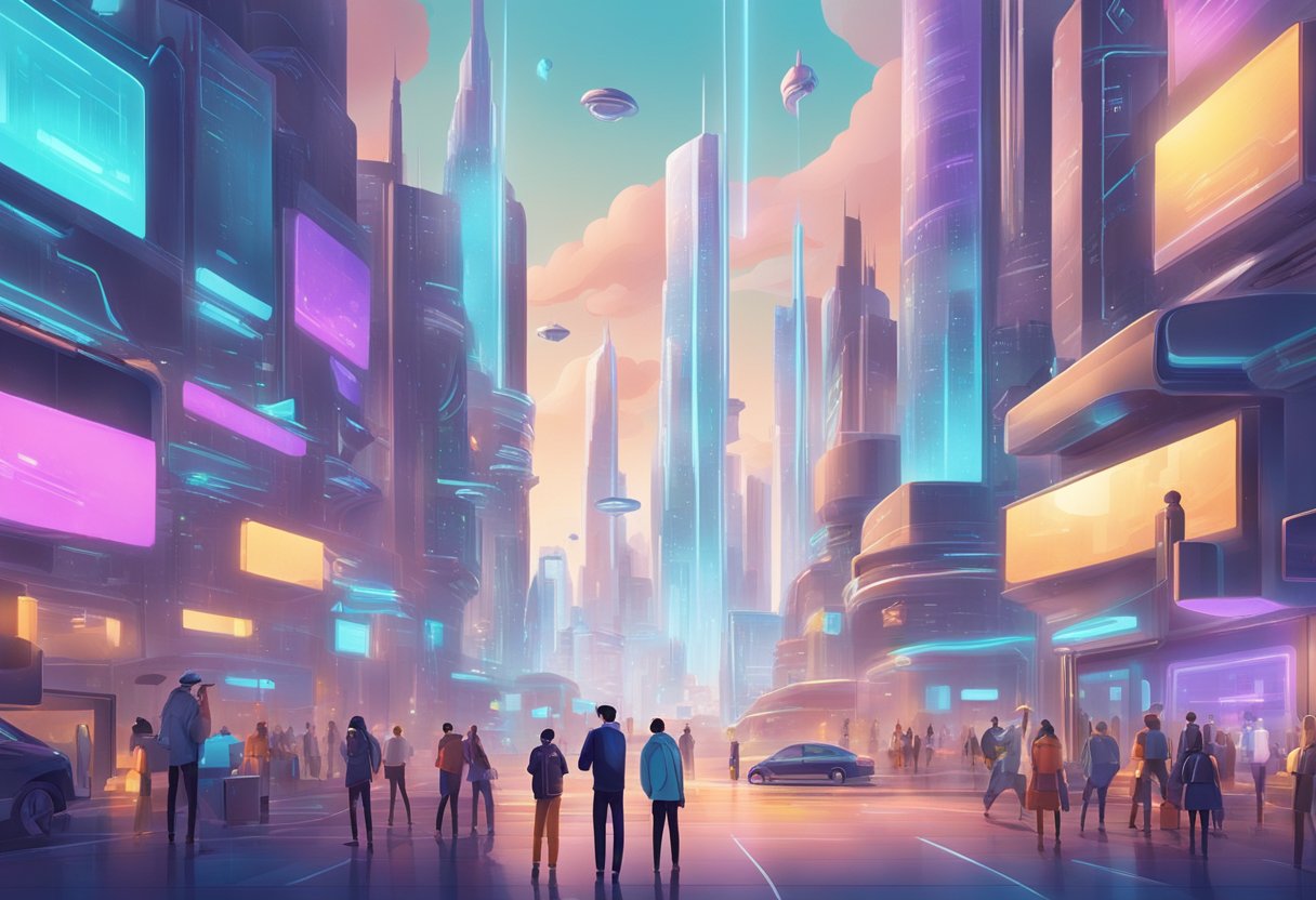 A futuristic cityscape with AI-powered holographic characters interacting with animated storytelling elements