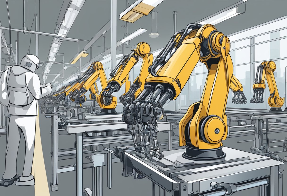 Robotic arms working on assembly line. AI overseeing process. Ethical dilemma