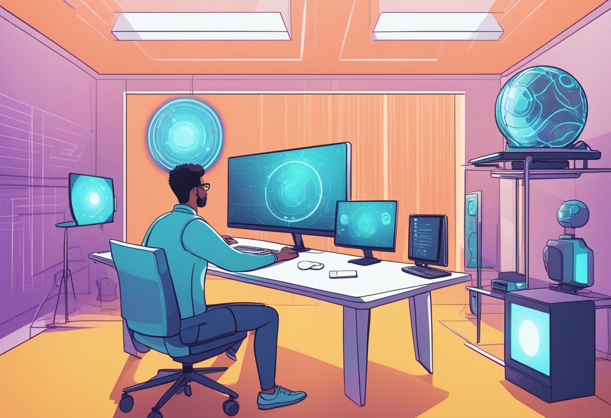 A futuristic AI creating animated explainer videos in a sleek, high-tech studio