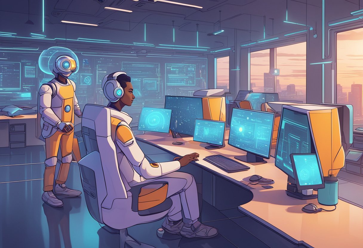 A futuristic AI collaborates with a content creator to produce animated explainer videos