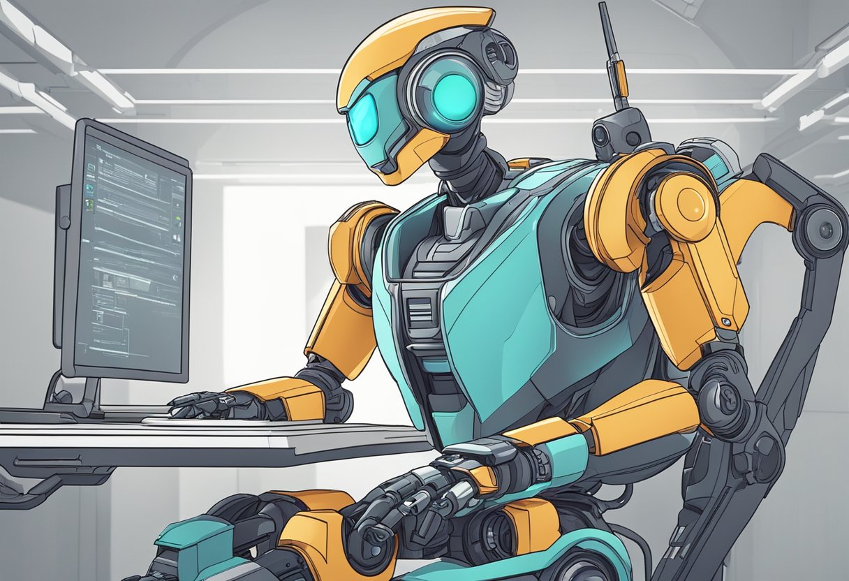 A futuristic AI-powered robot creates animated explainer videos using advanced technology and cutting-edge design software