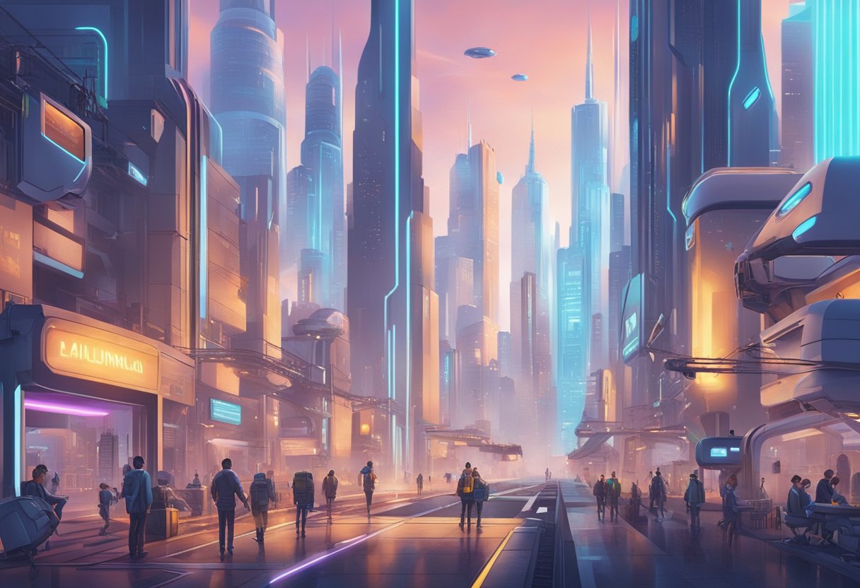 A futuristic cityscape with AI-powered robots creating animated scenes