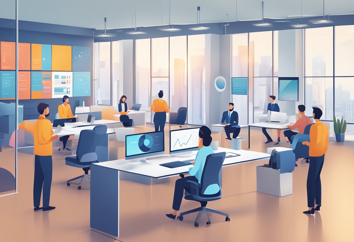 A modern office setting with AI technology and animated graphics displaying corporate training content