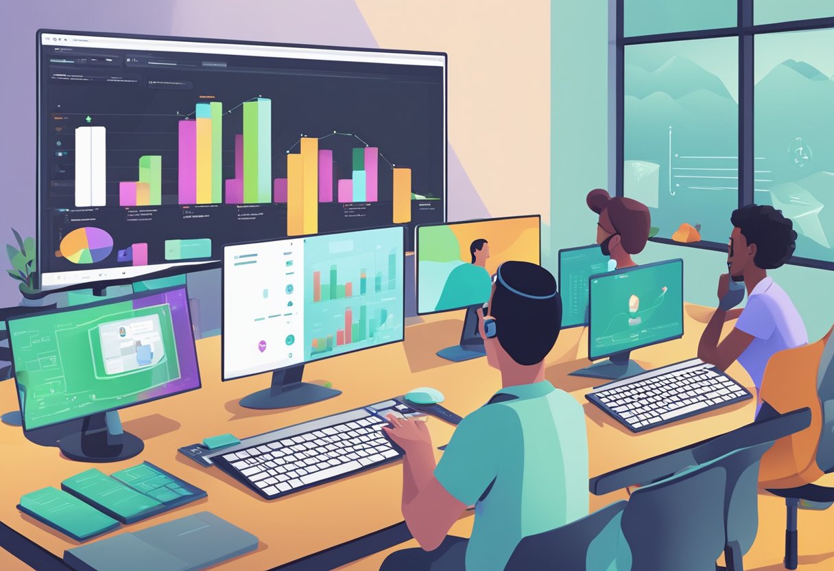 A computer screen displaying data while a virtual AI instructor guides a group of animated characters through a training simulation