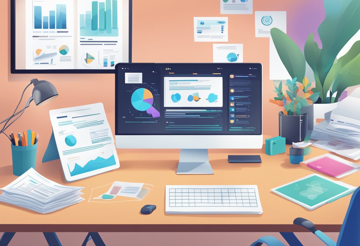 An office setting with AI-generated explainer videos playing on screens, while marketing materials and training documents are scattered on a desk