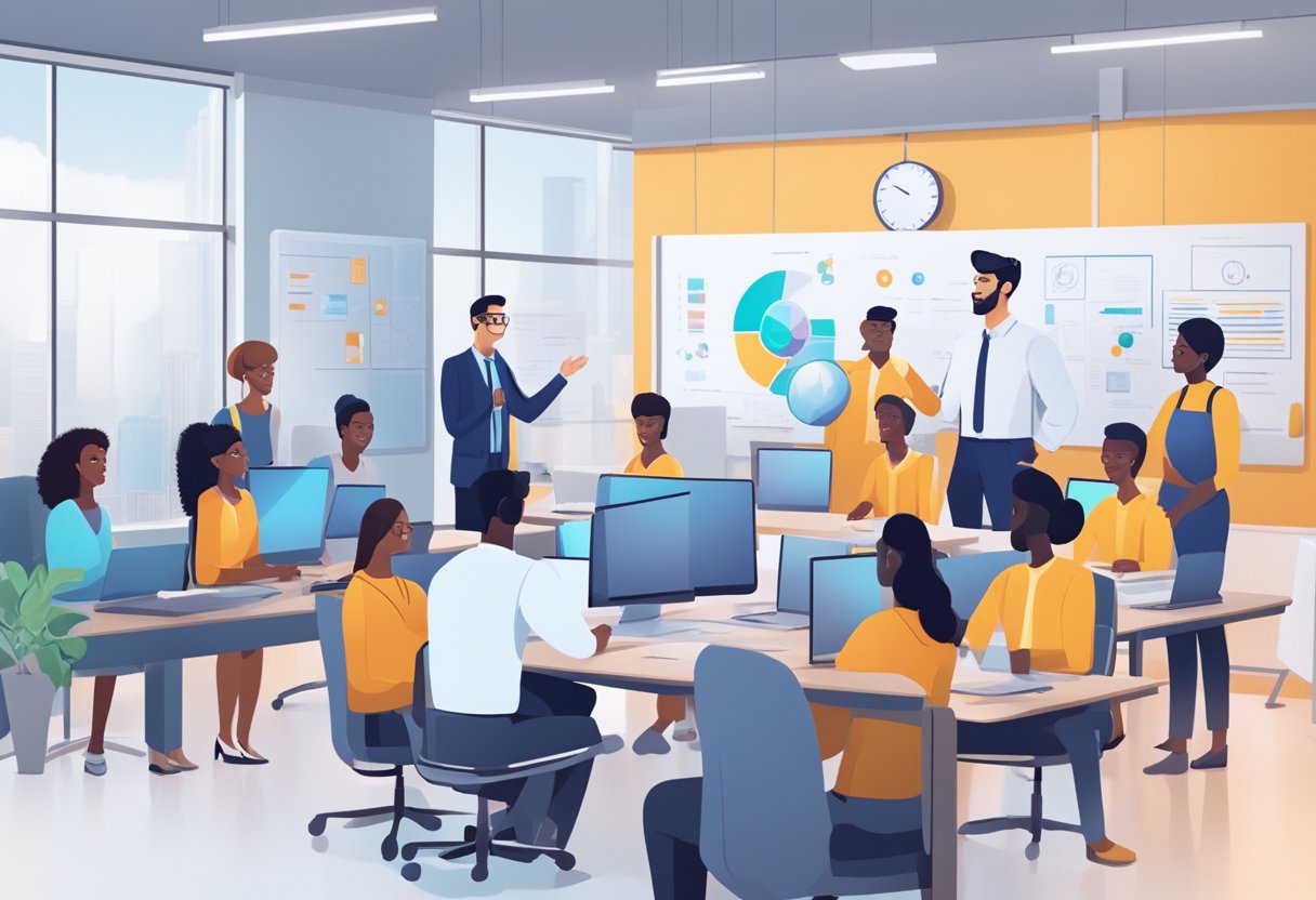 An AI animated character instructs a diverse group of workers in a virtual office setting, demonstrating innovative use cases in various industries for corporate training
